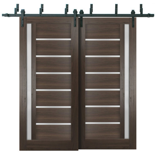 SARTODOORS Quadro Frosted Glass Paneled Wood Sliding Closet Brown Doors